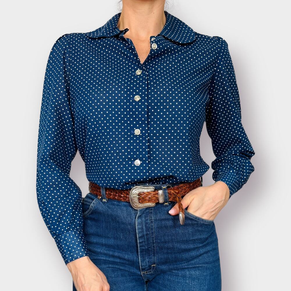 70s Navy‎ Polka Dot Blouse Size M
